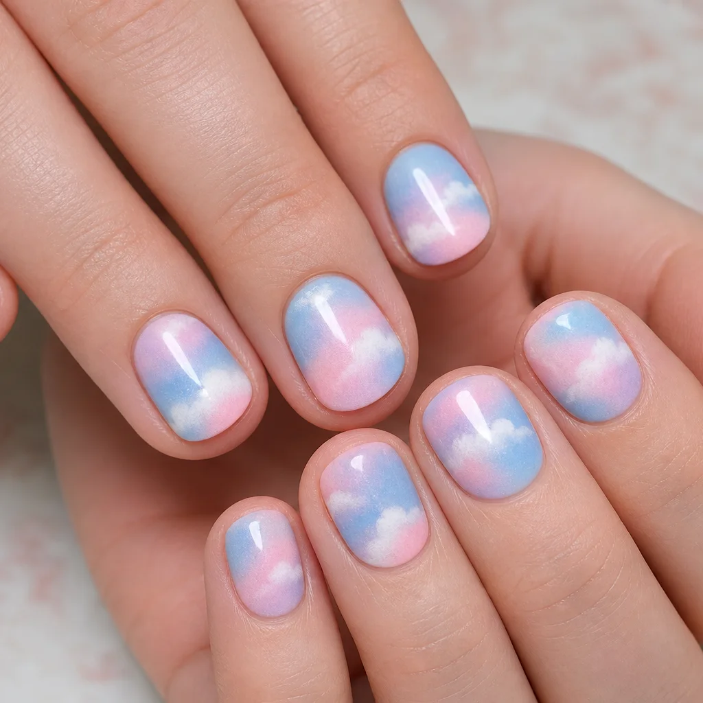 Pastel cloud nail art with soft blue and pink airbrushed gradients on short nails
