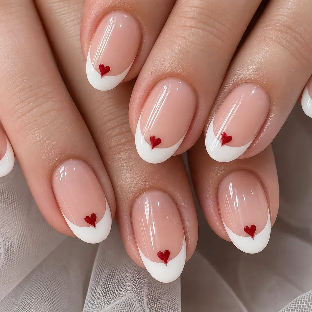 Heart French tip nail art with tiny red hearts at the nail tips on a sheer pink base
