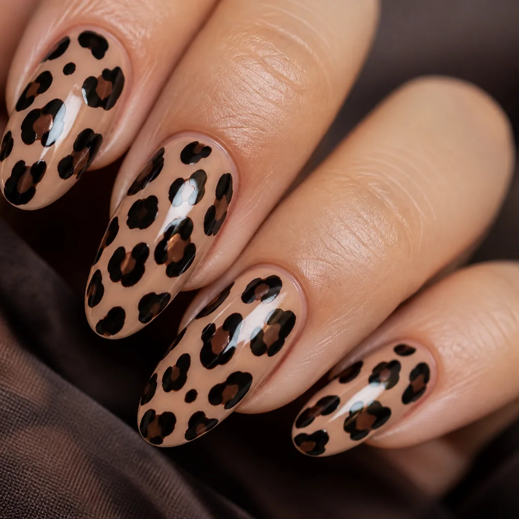 Leopard animal print nail art with brown and black spots on a nude manicure