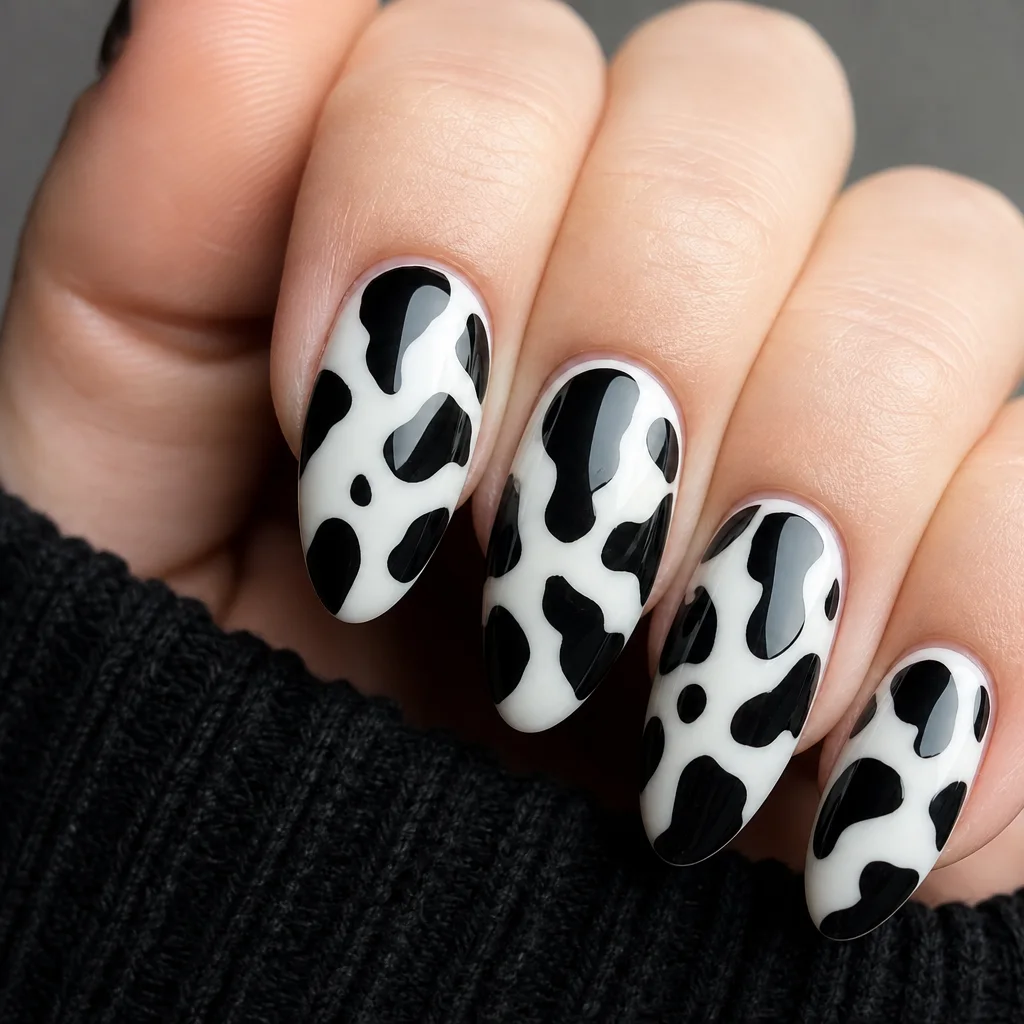 Cow print nail art with black and white organic spots on almond shaped nails