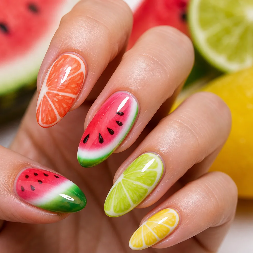 Tropical fruit nail art with hand-painted watermelon and citrus slices on summer nails