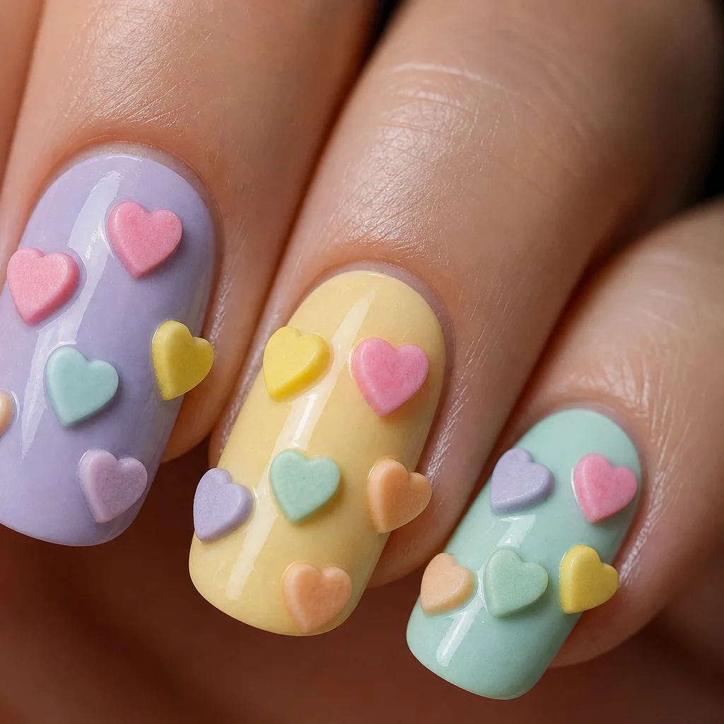 Candy heart nail art with pastel conversation heart motifs on a glossy manicure