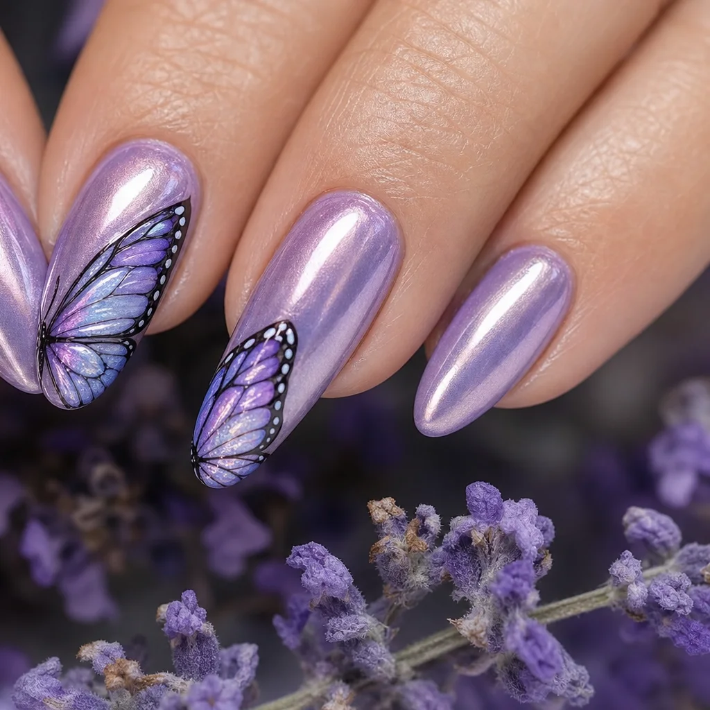 Butterfly accent nail art with hand-painted wings on a lavender chrome base