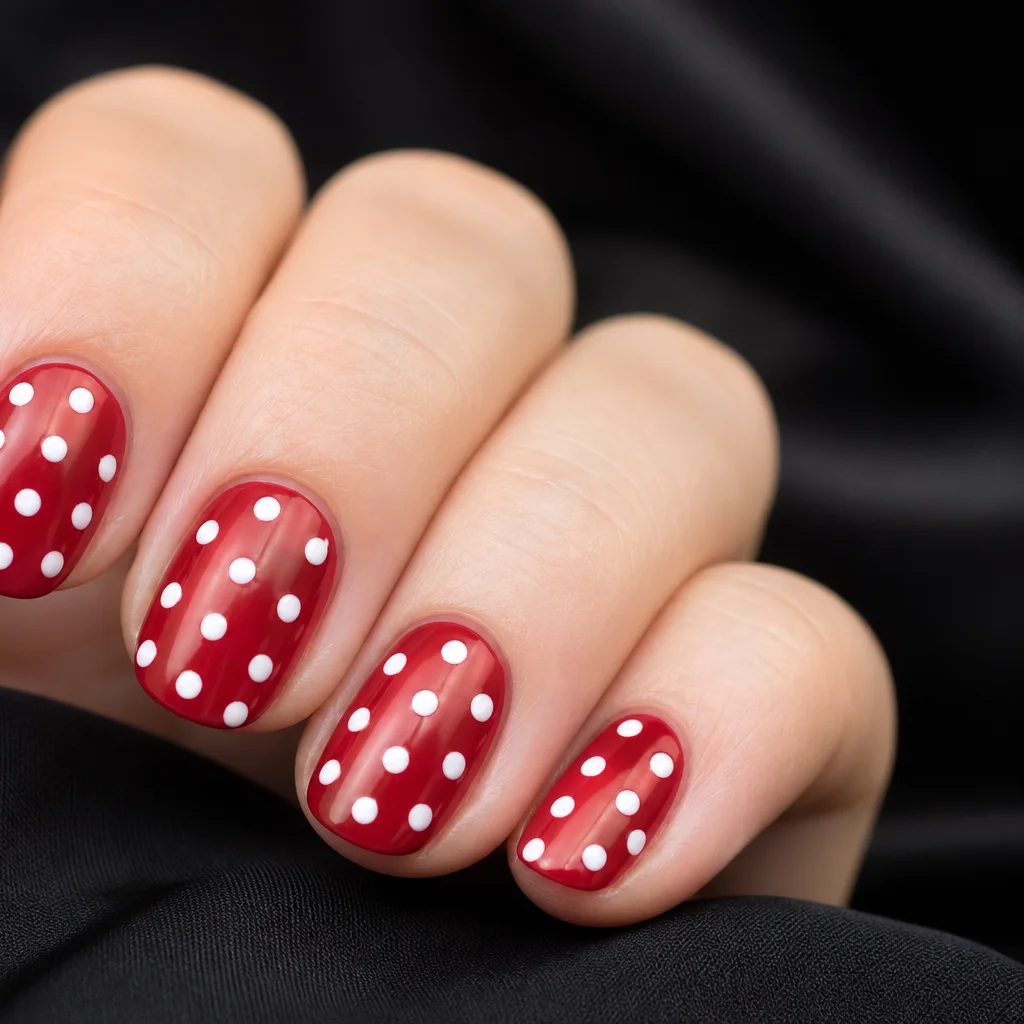 Polka dot playful nail art with contrasting dots on a cherry red glossy base