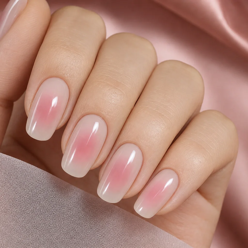 Aura gradient nail art with blurred pink center glow on a milky nude base