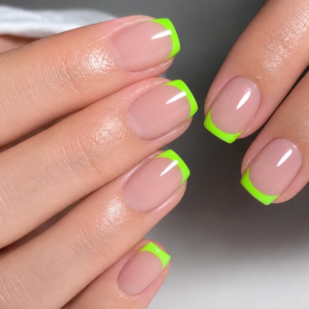 Neon French tip nail art with electric green tips on a sheer natural base