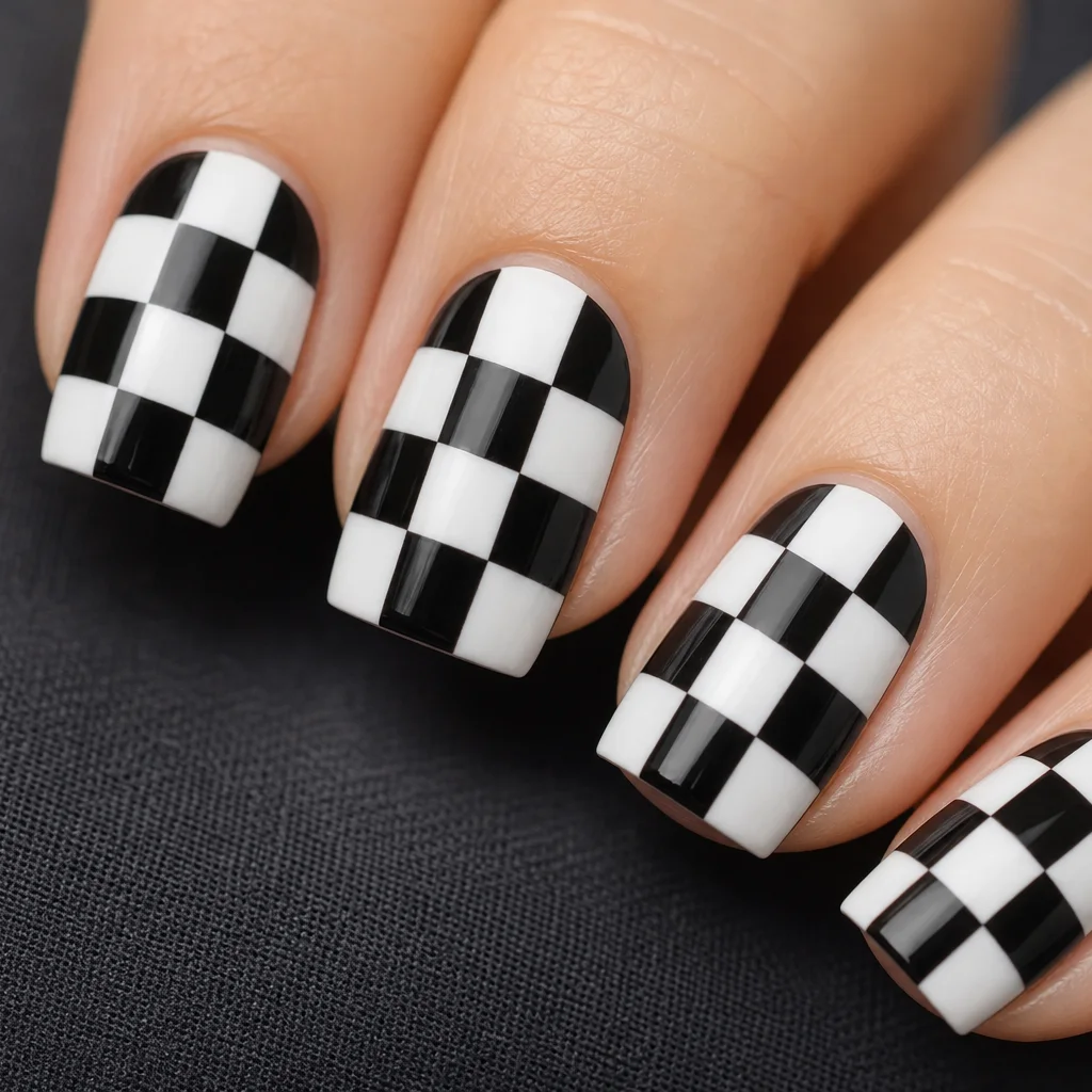 Checkerboard nail art with black and white grid pattern on square nail tips