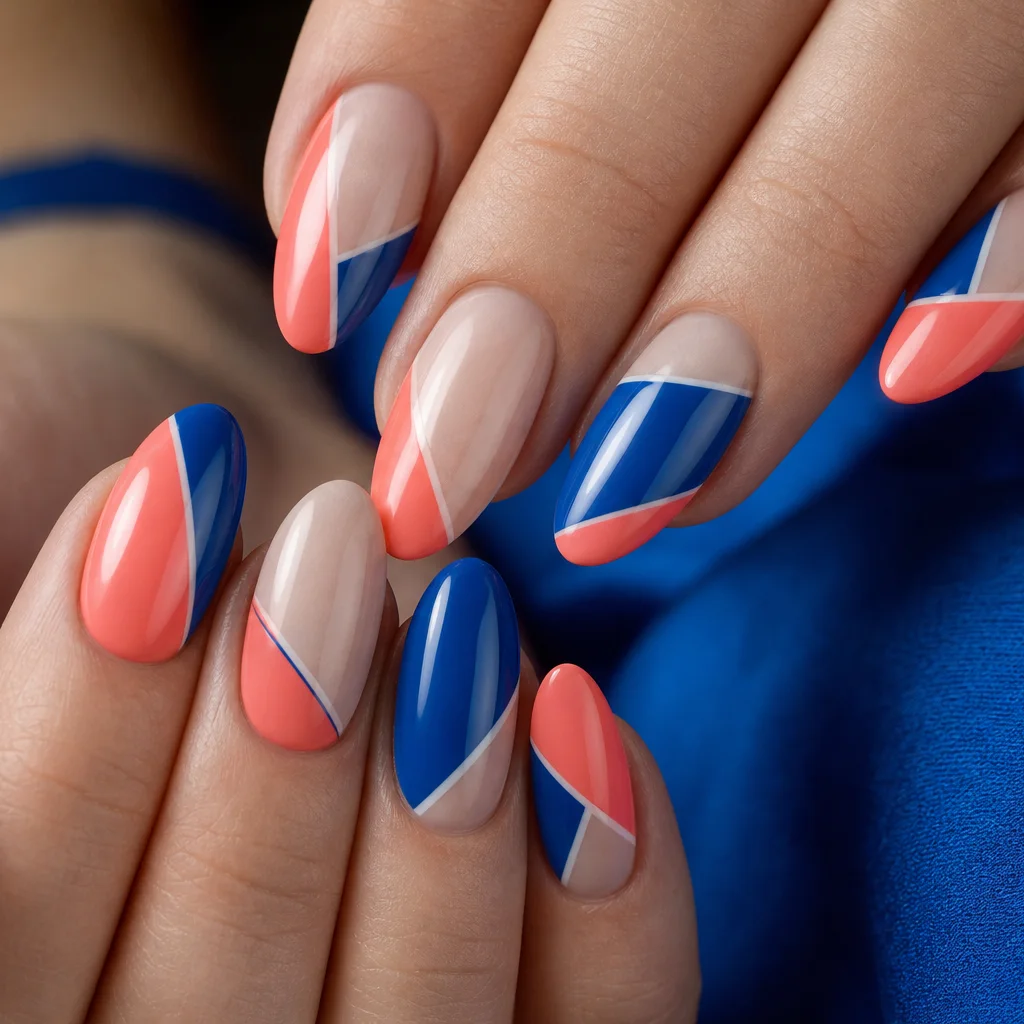 Color block nail art with bold geometric panels in coral and cobalt on almond nails