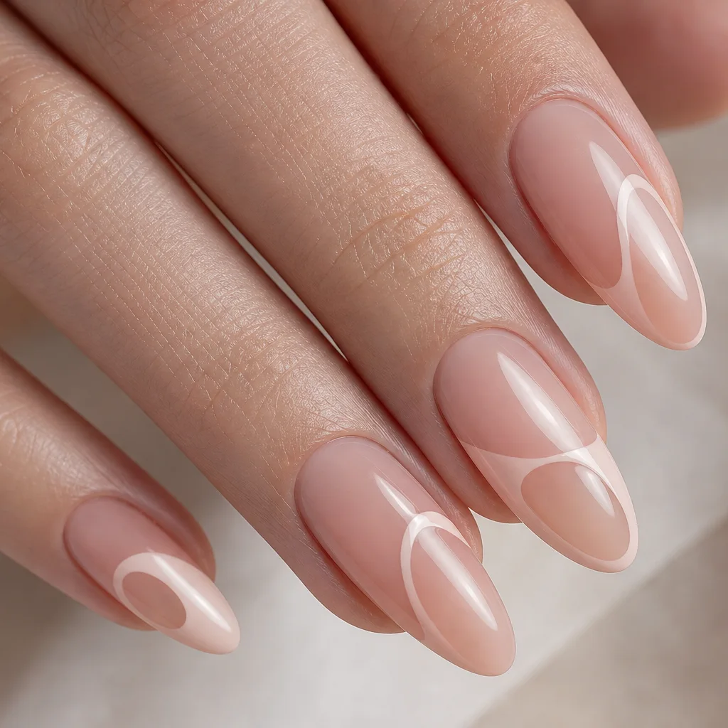 Negative space nail art with bare nail revealed through graphic clear sections