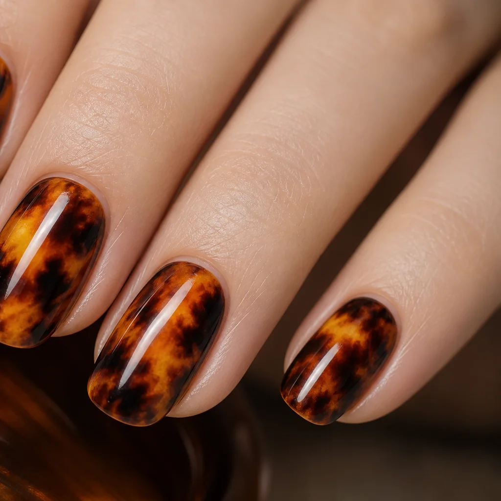 Tortoiseshell nail art with amber brown and black mottled pattern on glossy nails