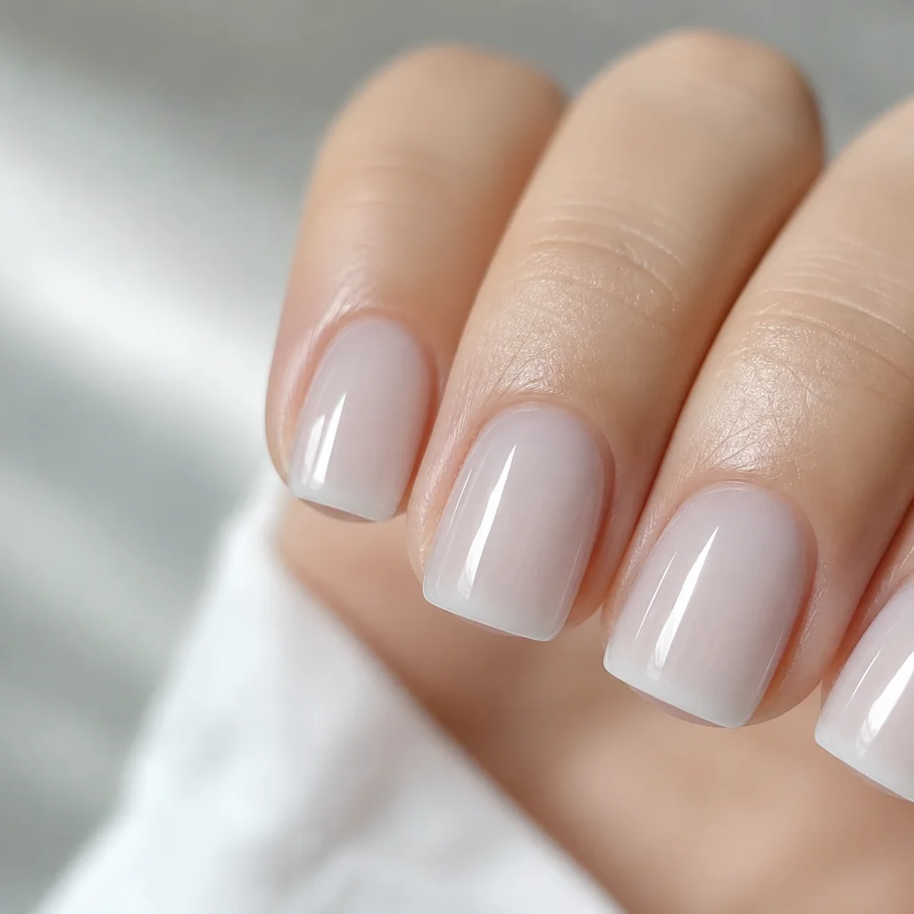 Milky glass nail art with translucent sheer white finish on short squoval nails