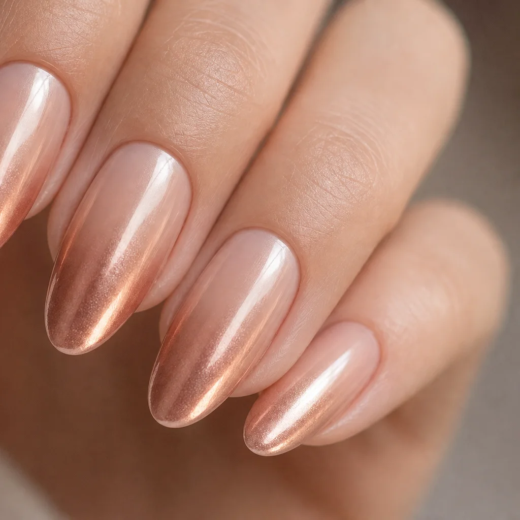Soft chrome ombre nail art fading from rose gold tips to a nude cuticle base
