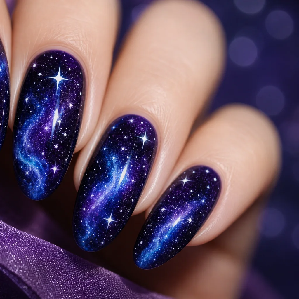 Galaxy nail art with deep purple base white stars and blue nebula swirls