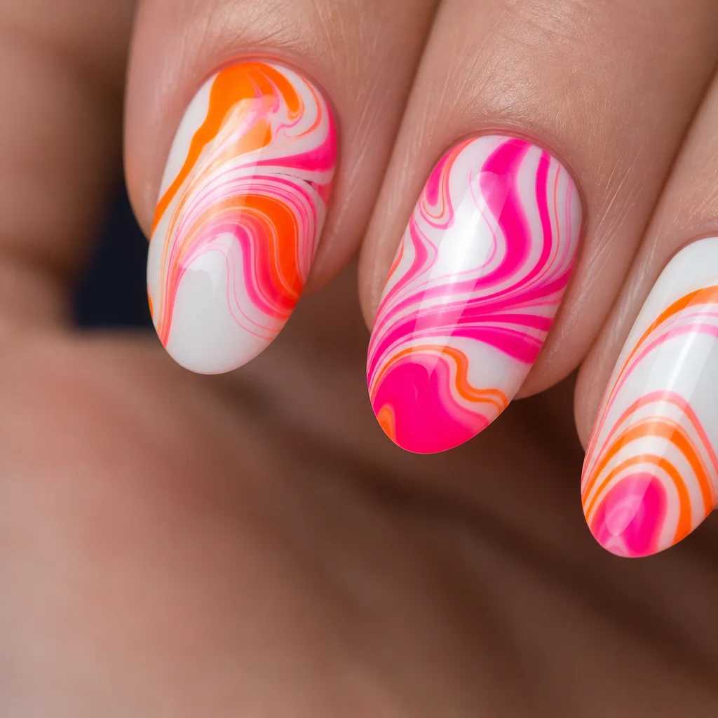 Abstract swirl nail art with marbled neon pink and orange lines on a white base