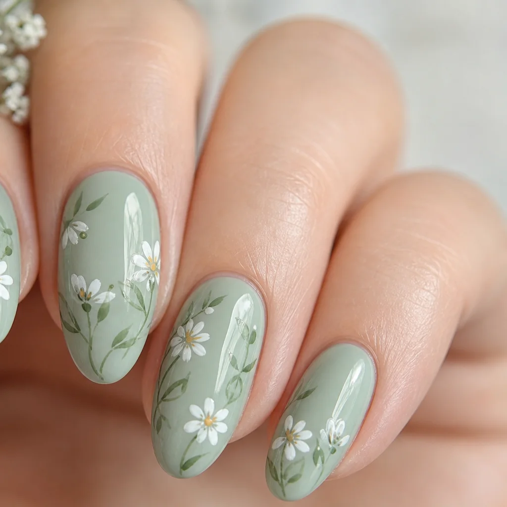 Hand-painted floral nail art with tiny daisies and leaves on a sage green base