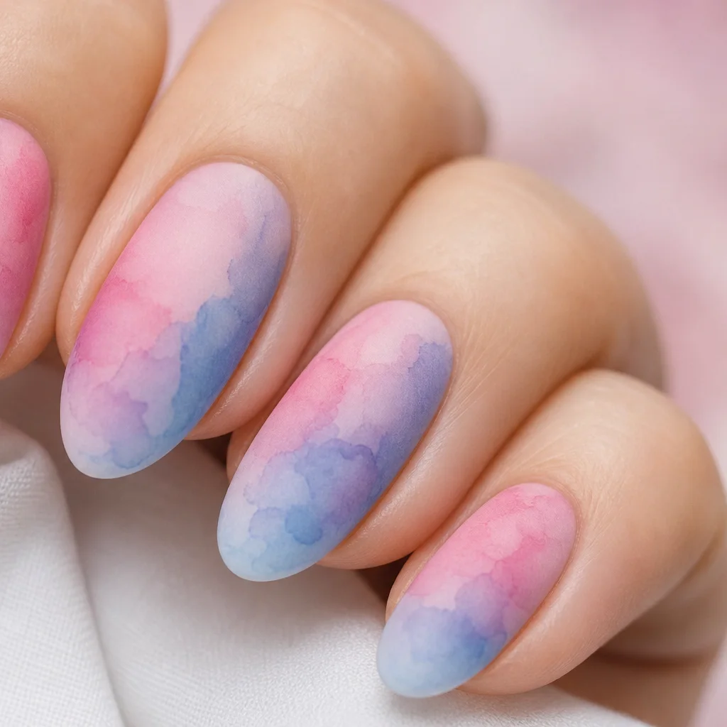 Watercolor nail art with blended pink and blue washes on a matte top coat finish