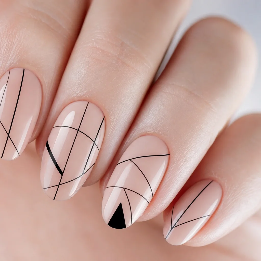 Geometric line art nails with thin black graphic lines on a nude manicure