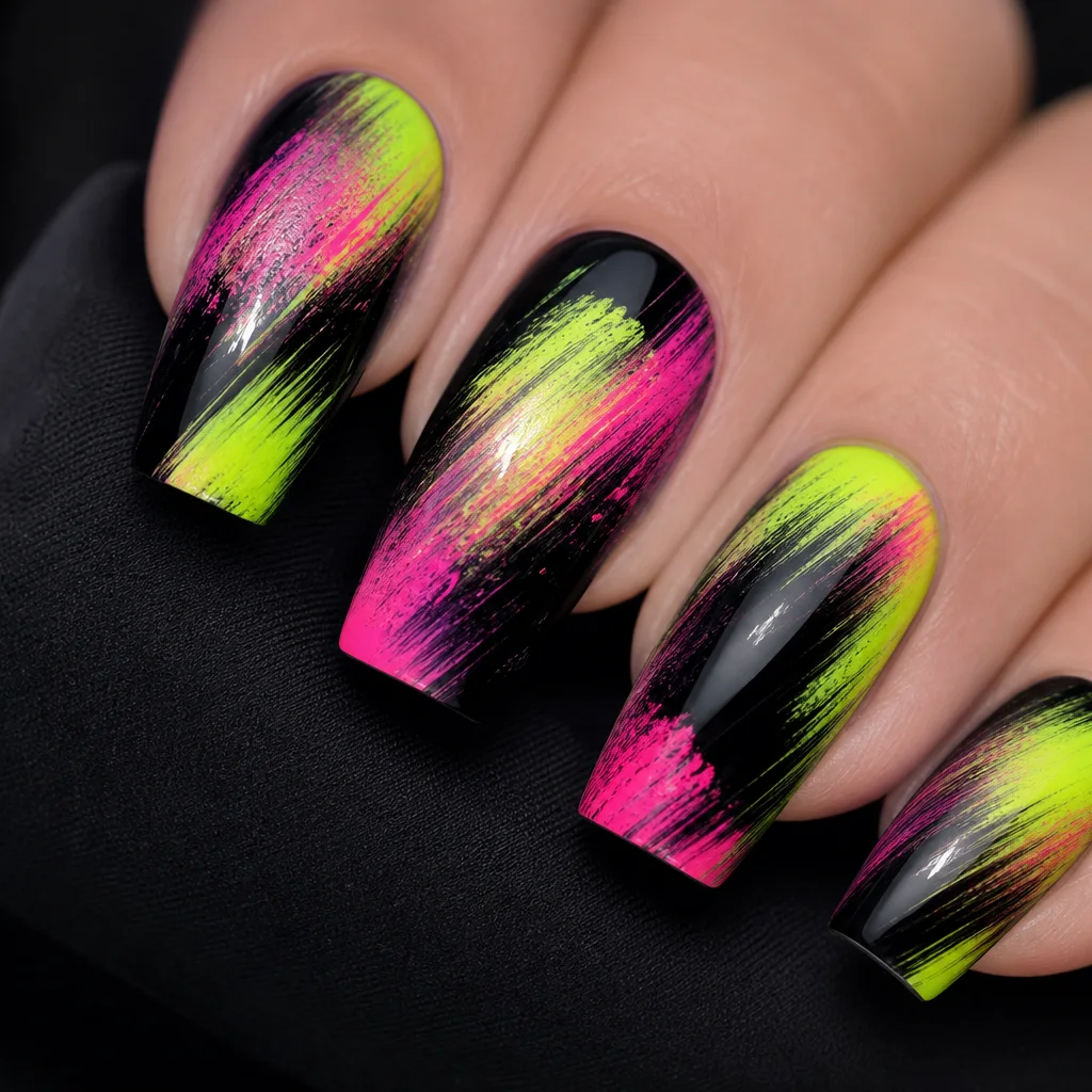 Neon abstract nail art with bold lime and hot pink brushstrokes on black base