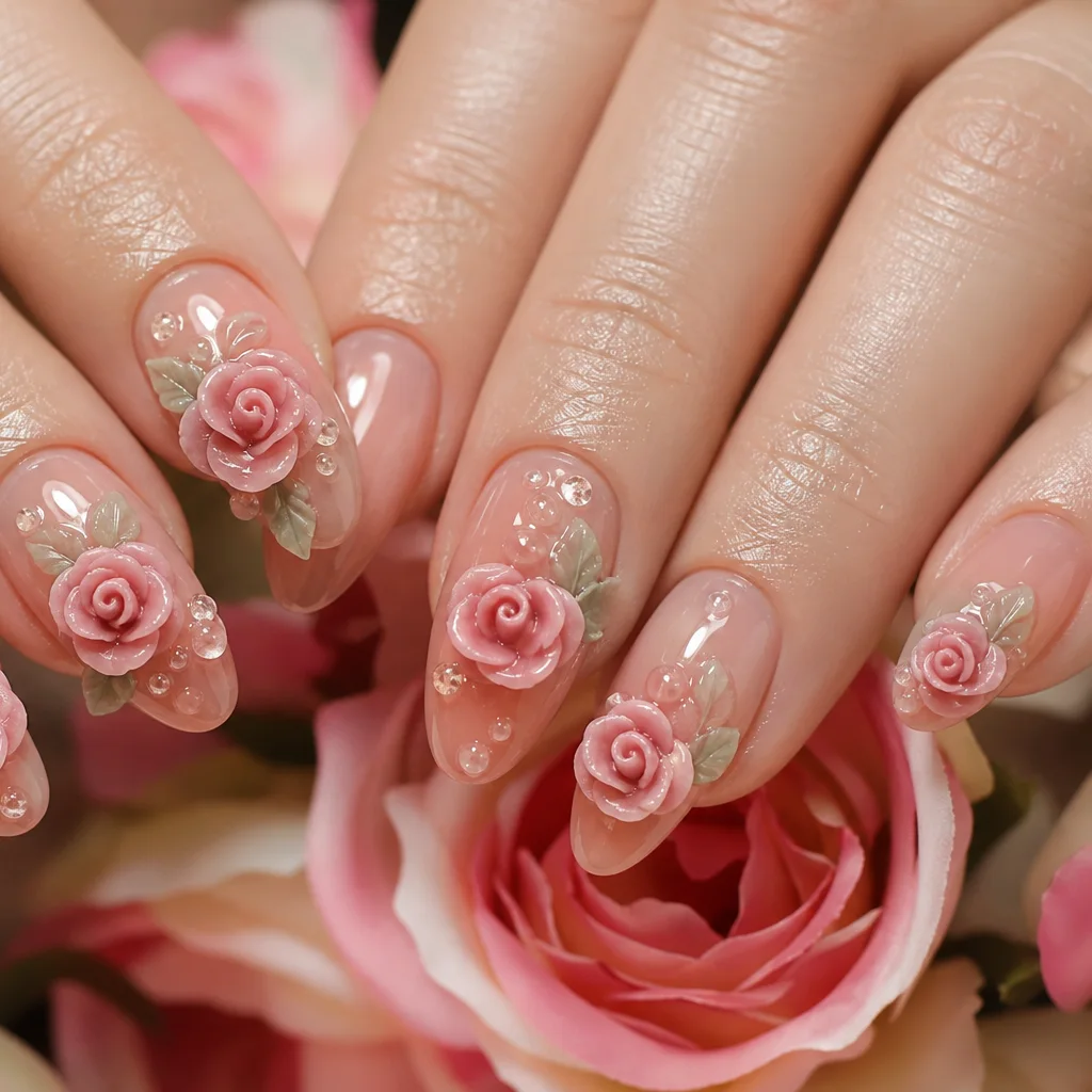 3D sculpted floral nail art with gel roses built above the nail surface