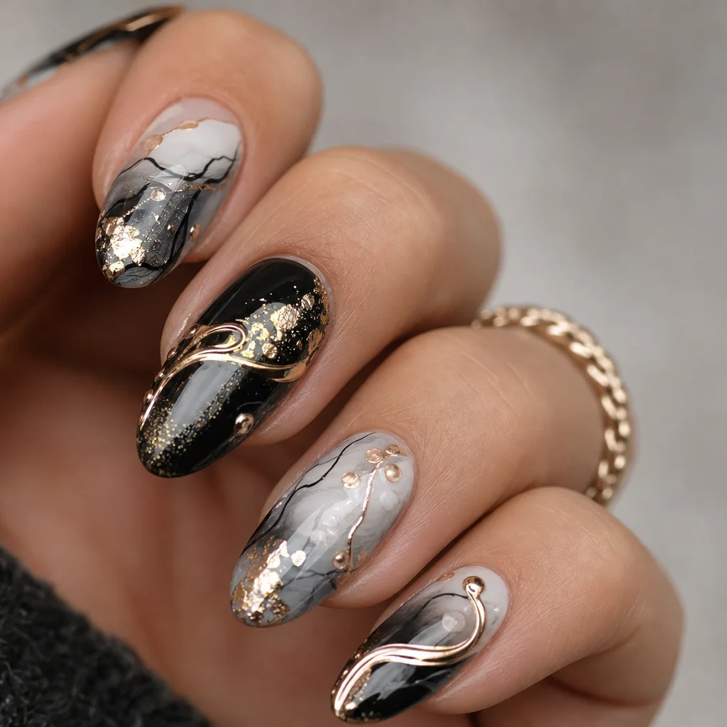Mixed media art nails combining foil flakes hand-painted lines and chrome on one manicure