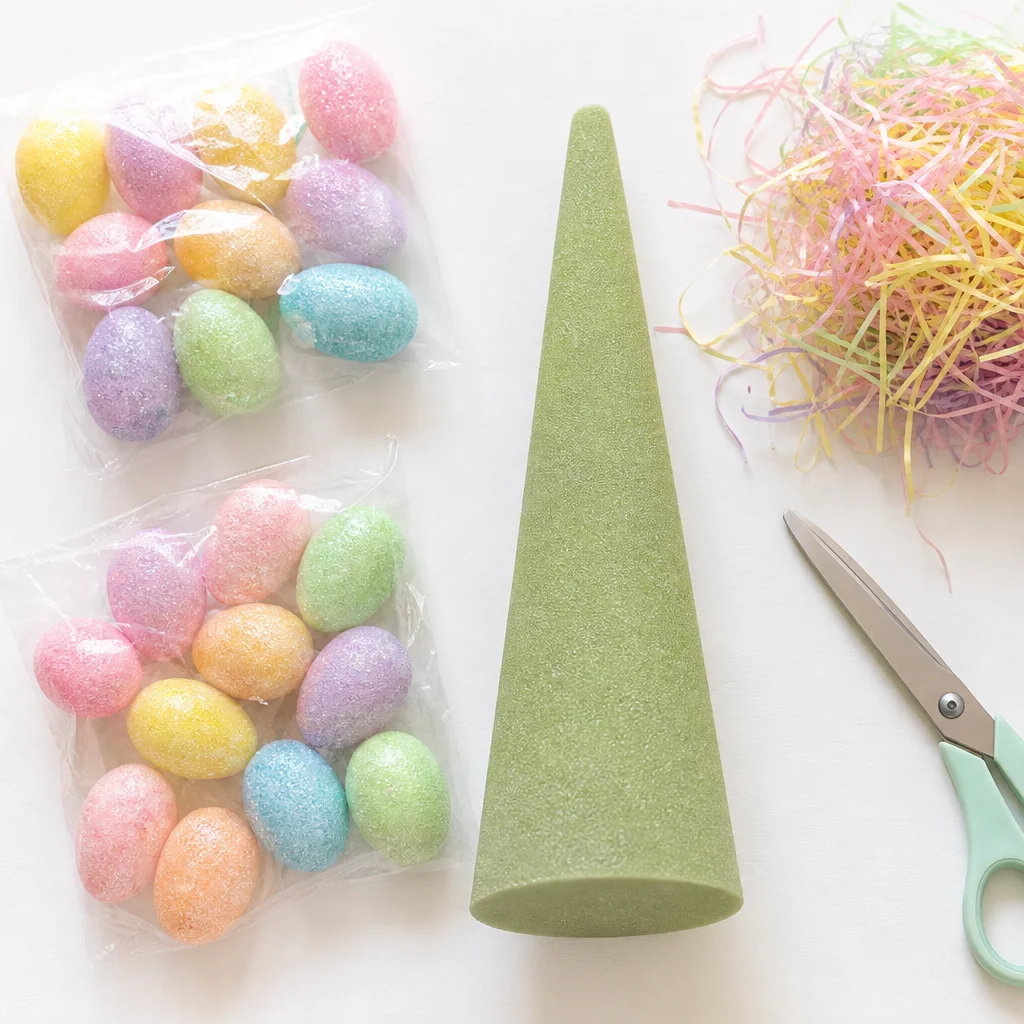 Easter egg tree craft supplies flat lay with foam cone glitter eggs Easter grass and hot glue gun