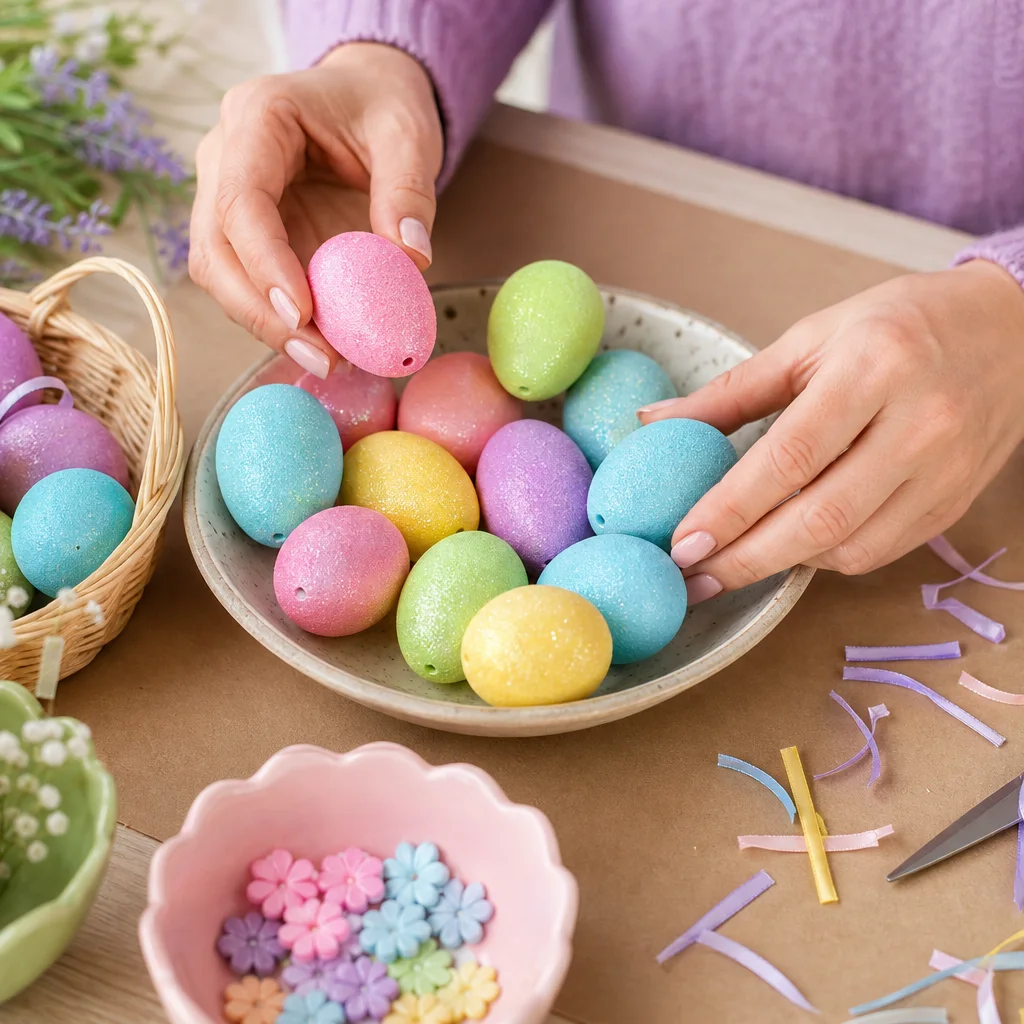 Easter egg tree craft supplies flat lay with foam cone glitter eggs Easter grass and hot glue gun