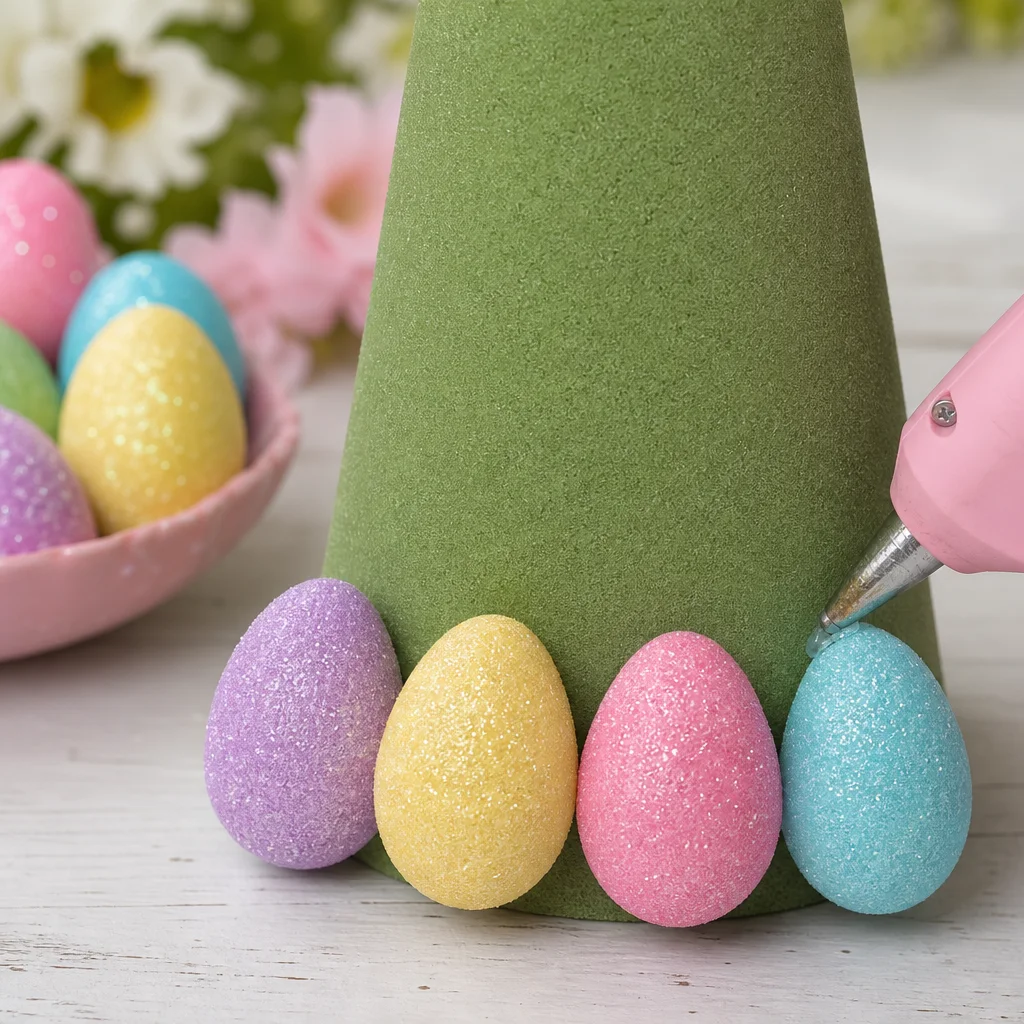 Colorful foam Easter eggs sorted on craft table with ribbon hangers trimmed off