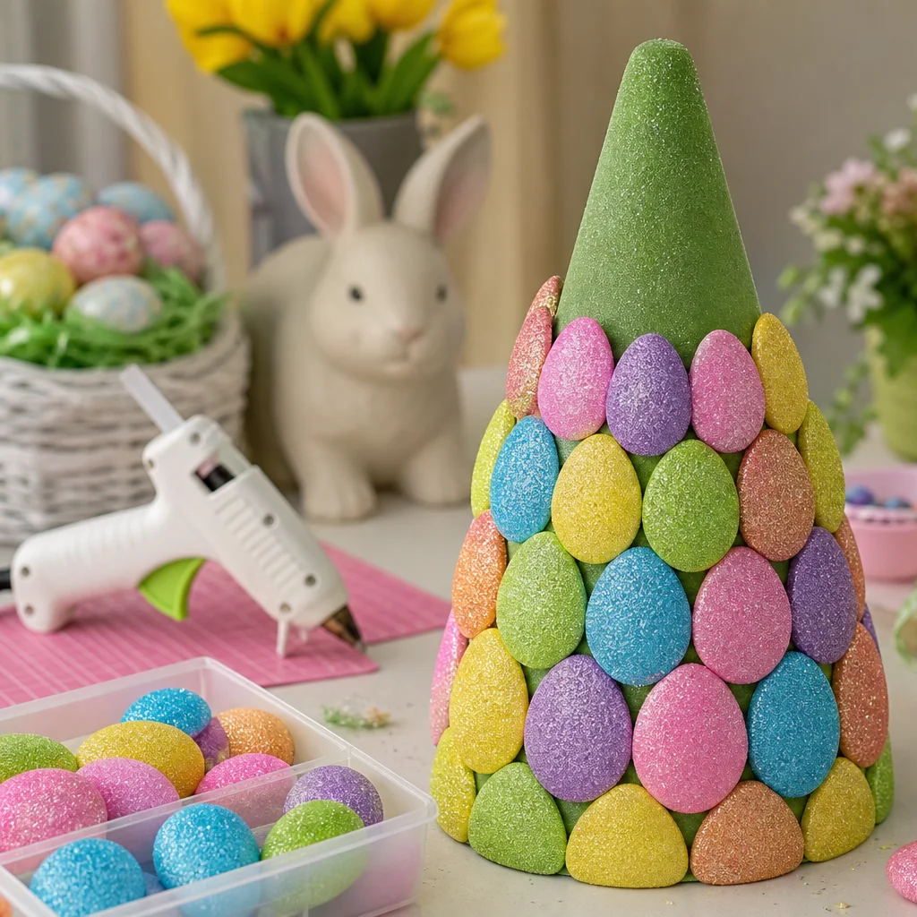 Gluing the first row of glitter foam Easter eggs at the base of a foam cone tree