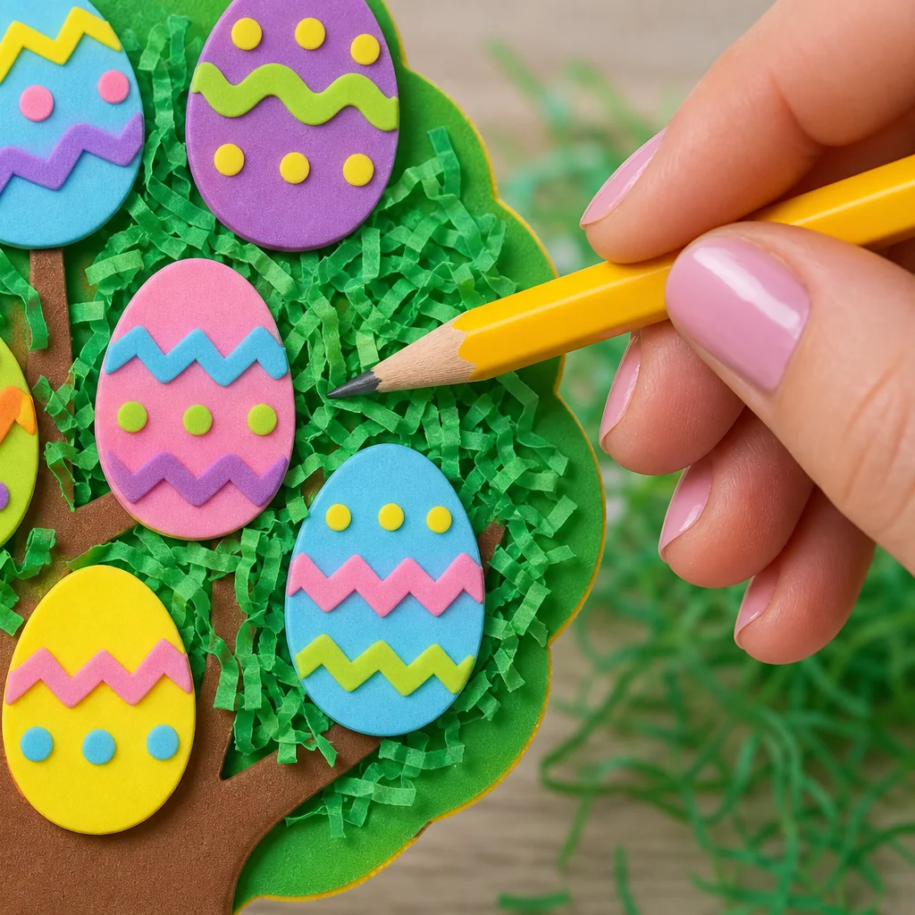 Half-finished Easter egg tree with rows of colorful foam eggs glued up a craft cone
