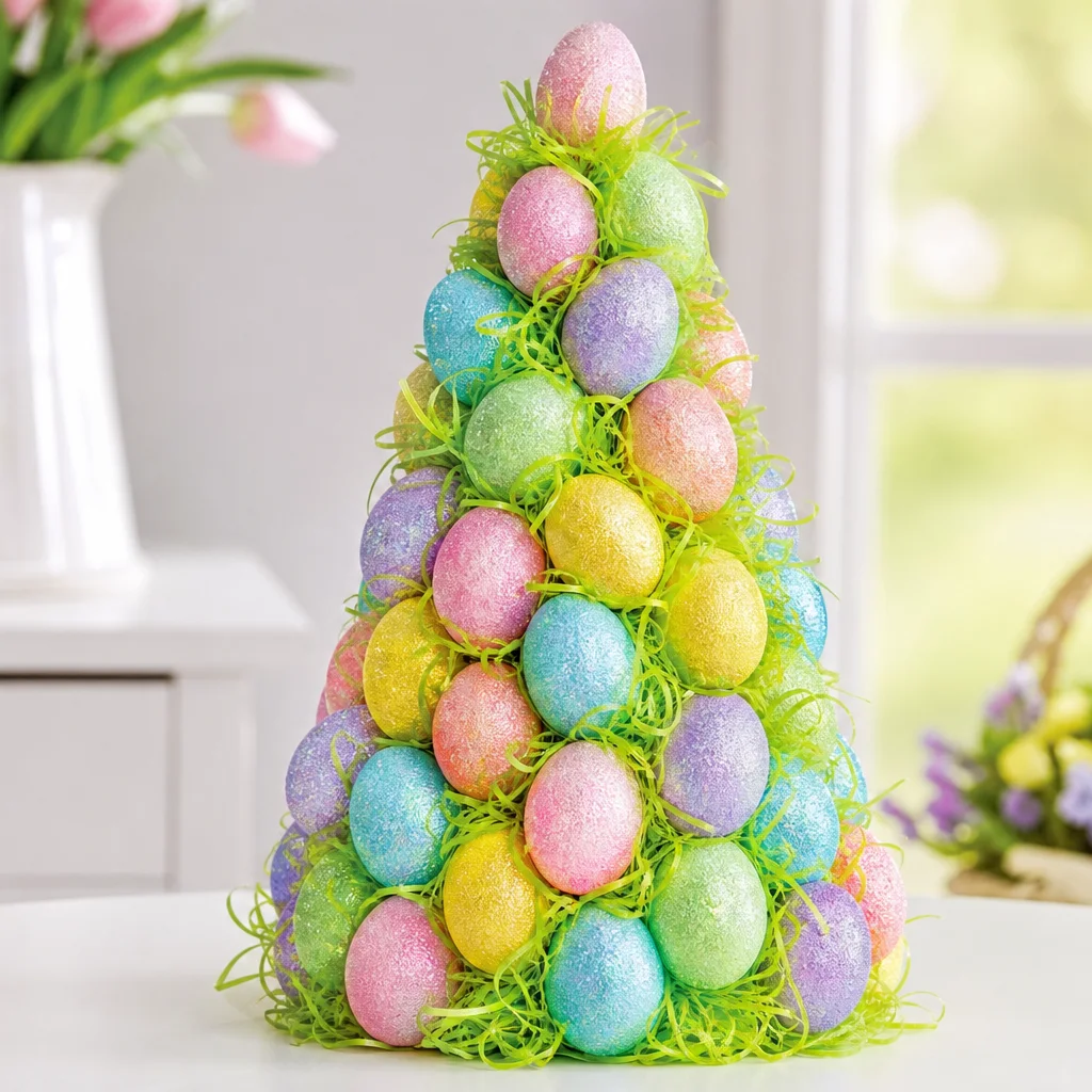 Filling gaps on an Easter egg tree with green paper grass using a pencil tip