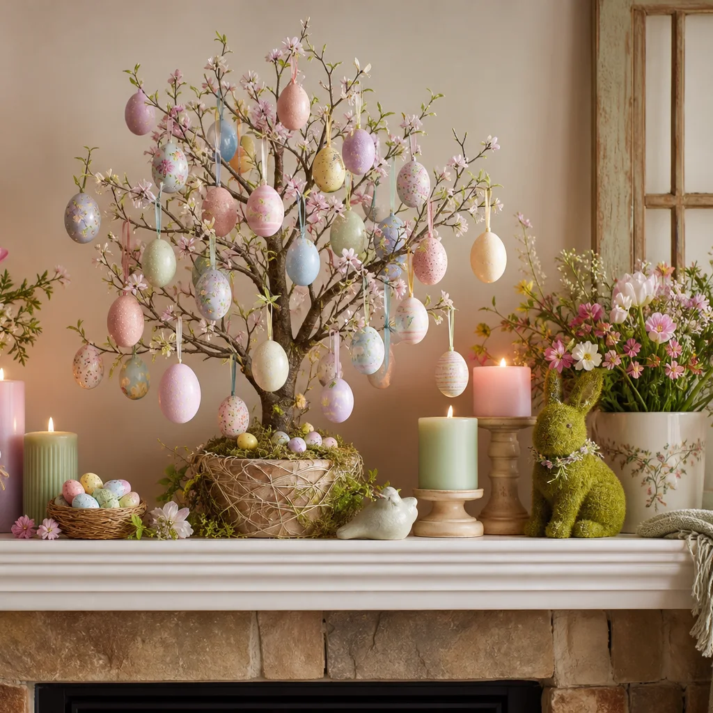 Completed colorful Easter egg tree centerpiece displayed on a spring mantel with pastel decor