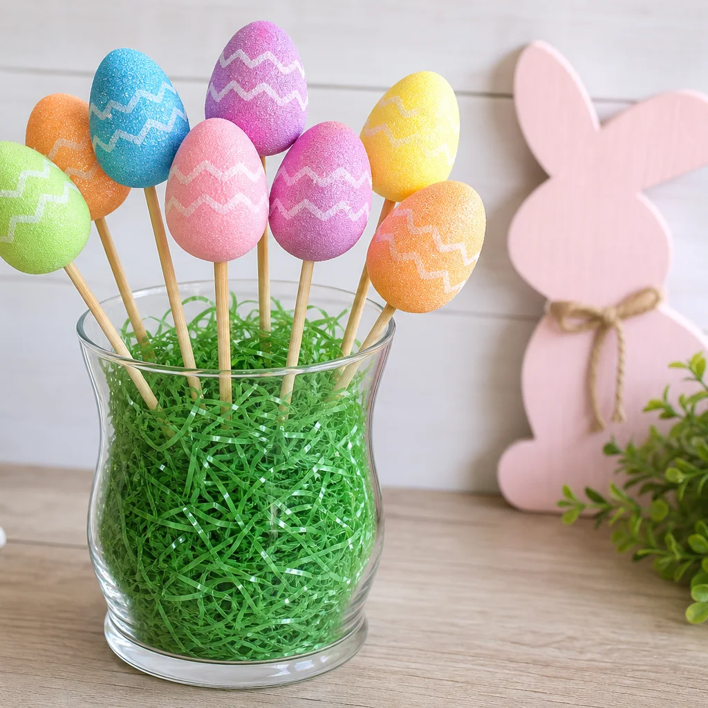 Dollar store foam Easter eggs on sticks arranged in a glass vase spring centerpiece