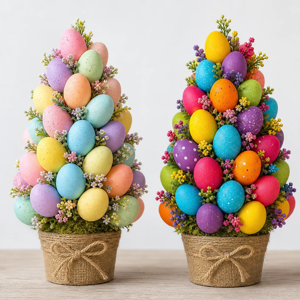Easter egg tree color pattern examples with pastel rainbow and bold mixed glitter eggs