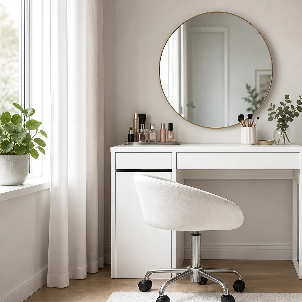IKEA MICKE desk dressing area vanity with mirror, stool, and organized beauty supplies in a bedroom corner
