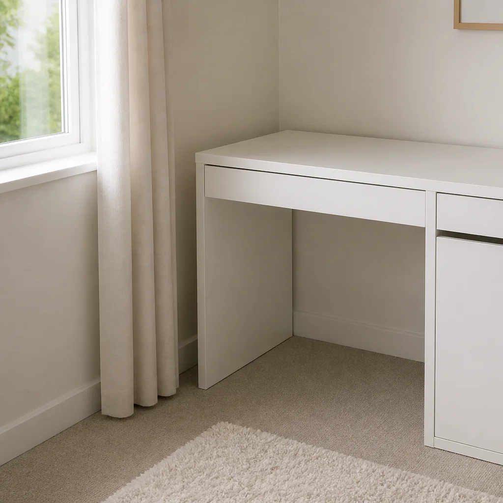 White IKEA MICKE desk placed in a small bedroom corner before vanity styling