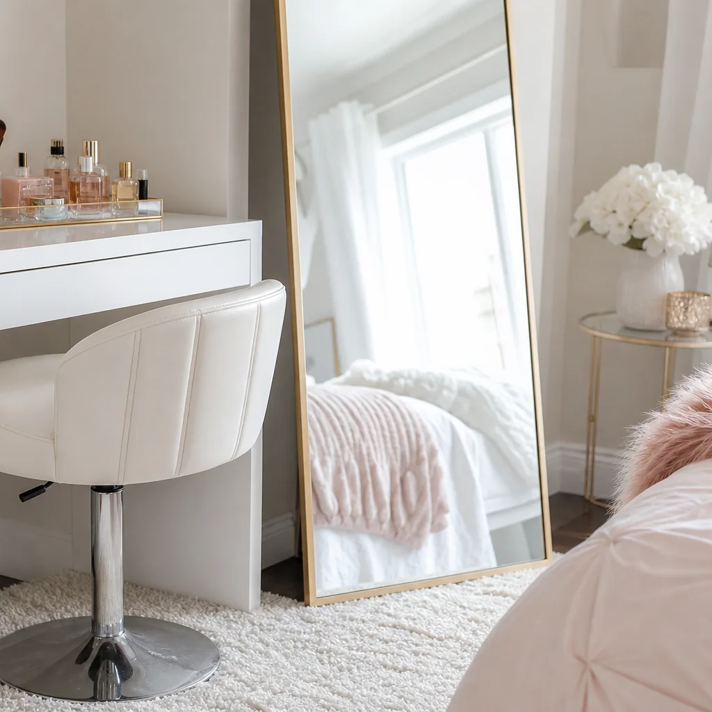 White swivel vanity stool and leaning mirror at an IKEA MICKE desk dressing area