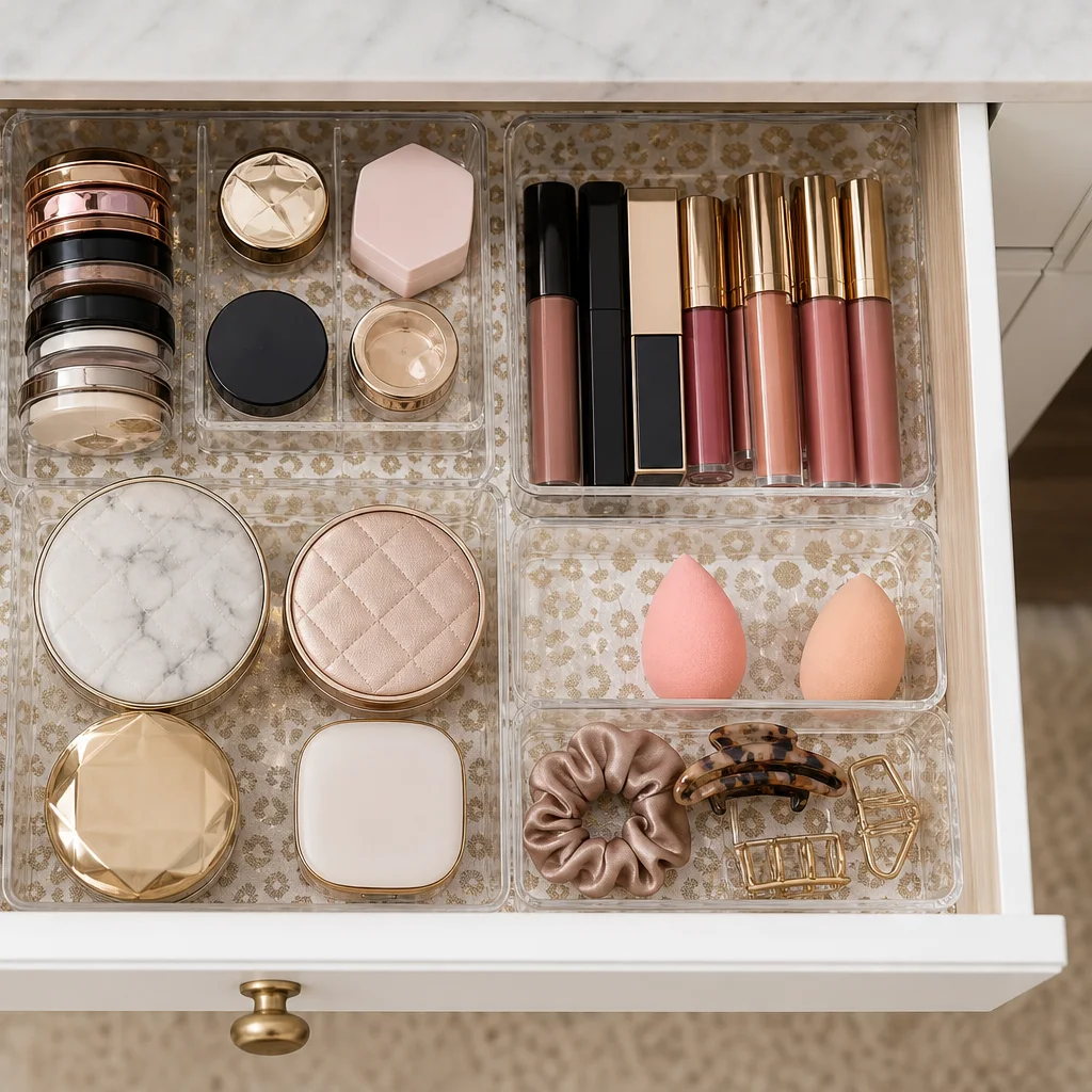Organized vanity drawer with lined interior holding makeup brushes and beauty products