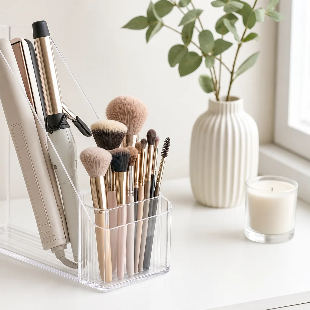 Clear acrylic organizer holding hair styling tools and makeup brushes on a white vanity desk