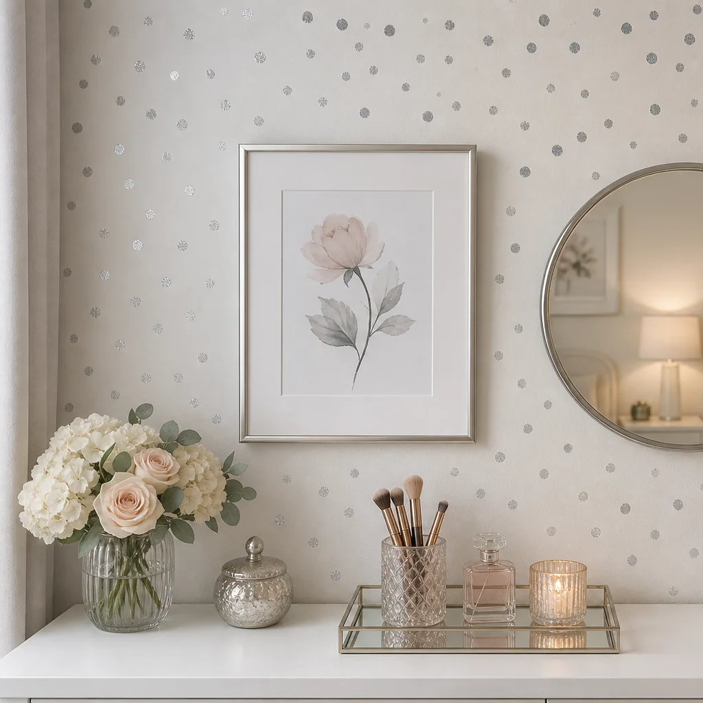 Silver confetti wall decor and framed art above an IKEA bedroom vanity dressing area