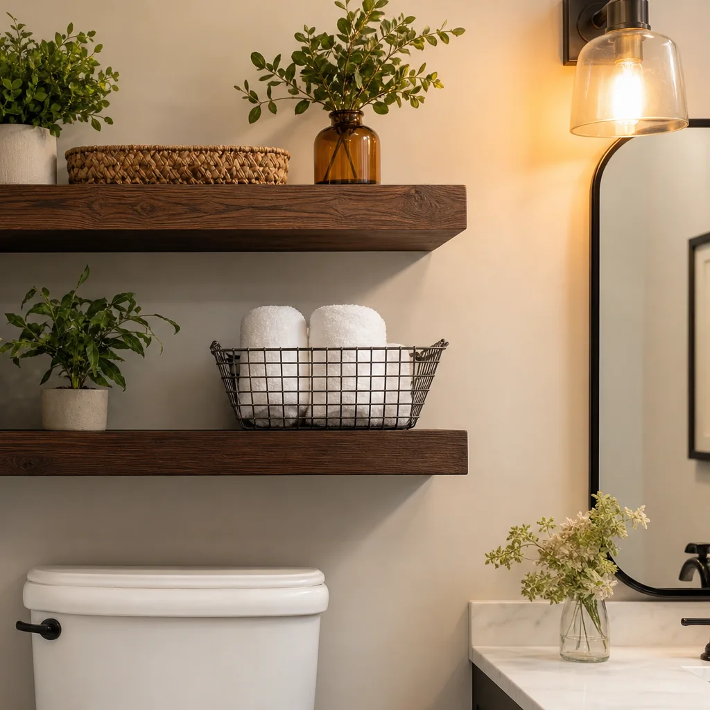 Finished chunky dark walnut floating shelves styled above a toilet in a powder room bathroom
