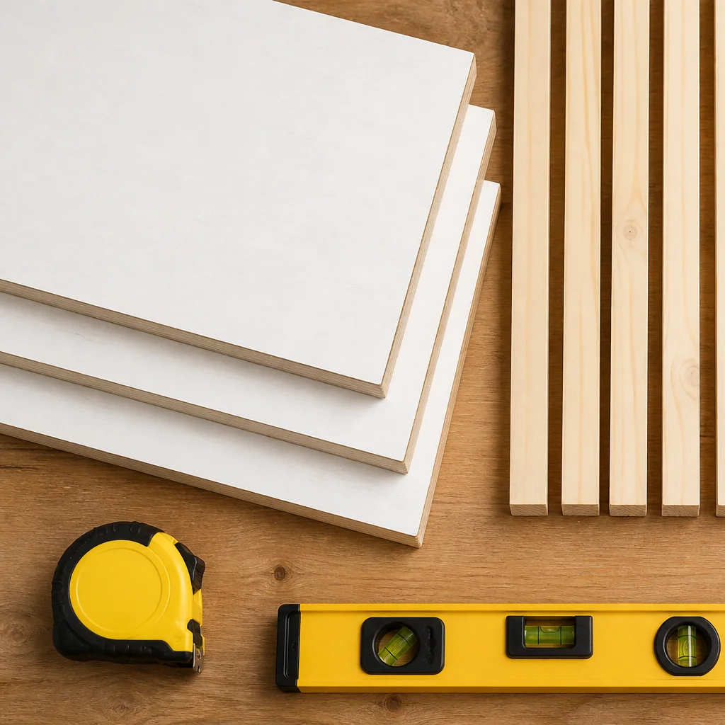 Whitewood boards, furring strips, wood glue, screws, and stain supplies for DIY floating shelves