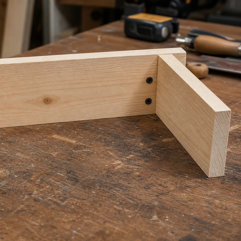 Hidden inner frame for chunky floating shelf assembled from furring strips on a workbench