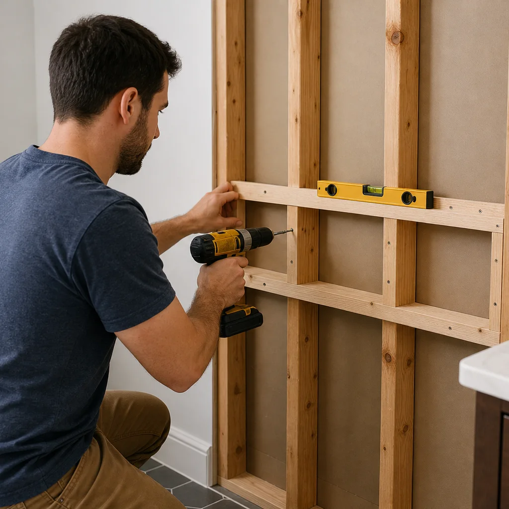 Mounting hidden wooden shelf frame to bathroom wall with drill and level