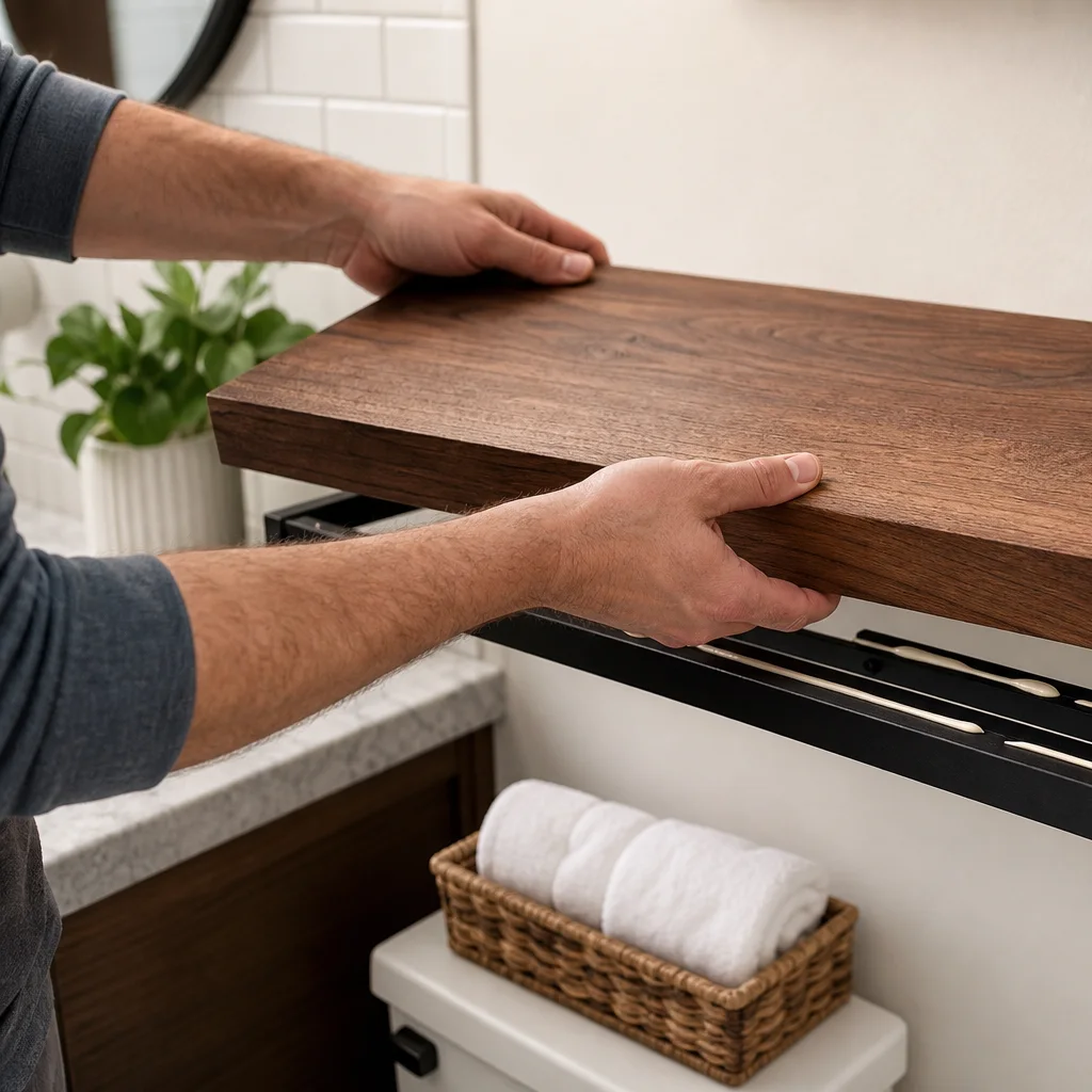 Attaching stained walnut top board to hidden floating shelf frame with wood glue