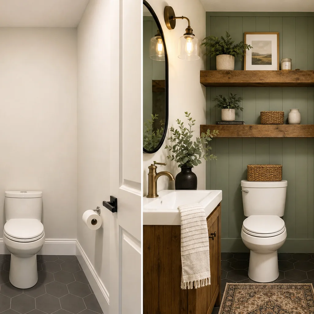 Styled powder room with chunky wooden floating shelves above toilet and bathroom decor