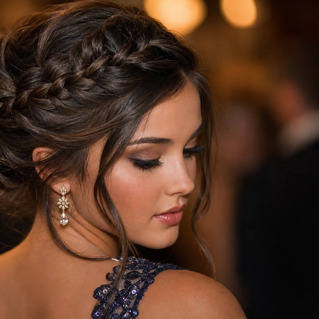 Crown braid prom hairstyle with braided headband and soft waves
