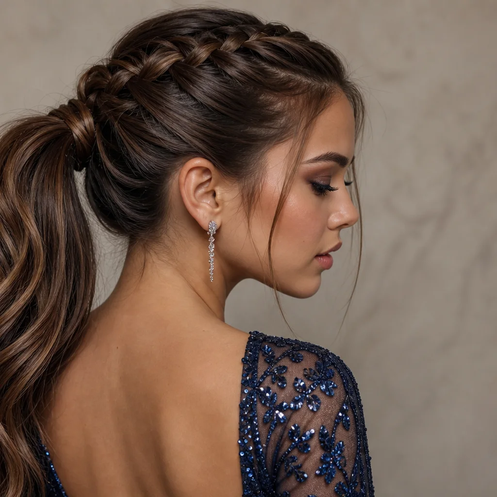 French braid ponytail prom hairstyle with sleek braided top