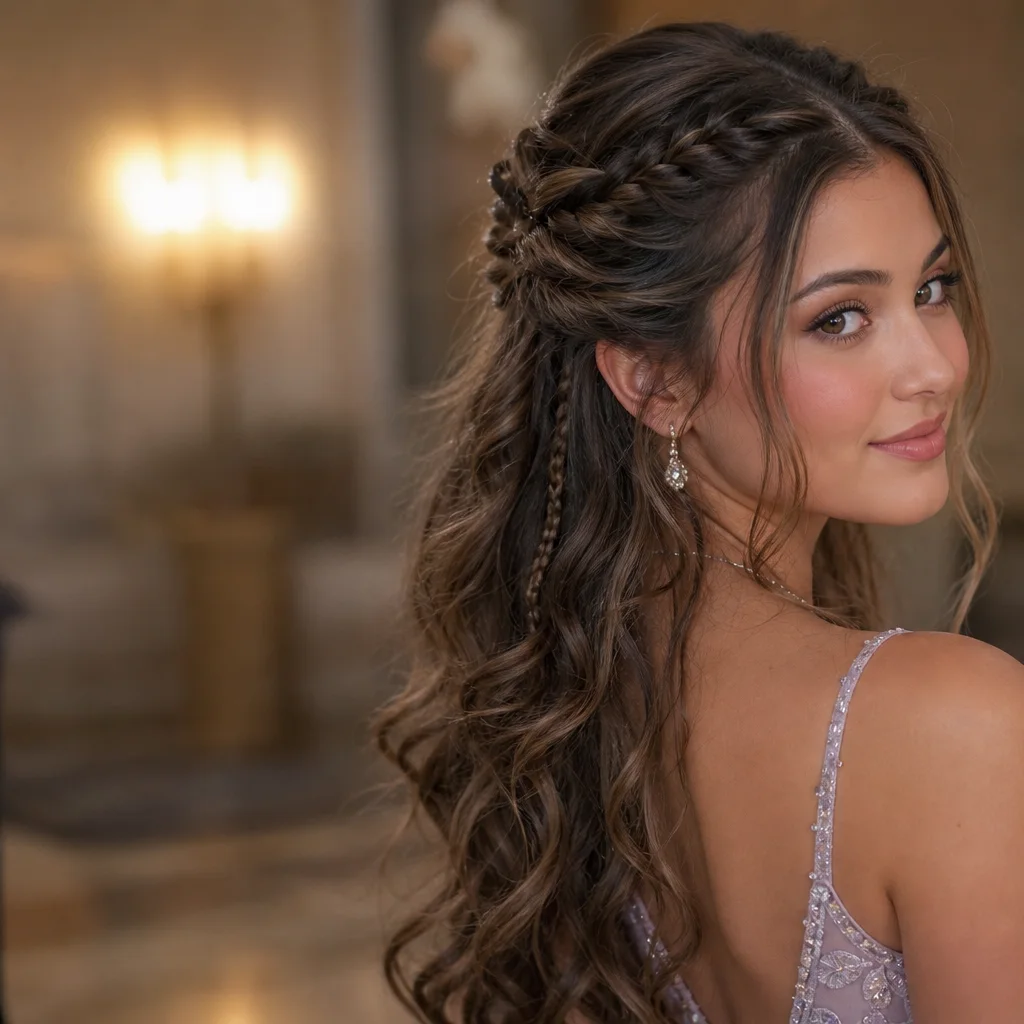 Half up half down braided prom hairstyle with loose waves