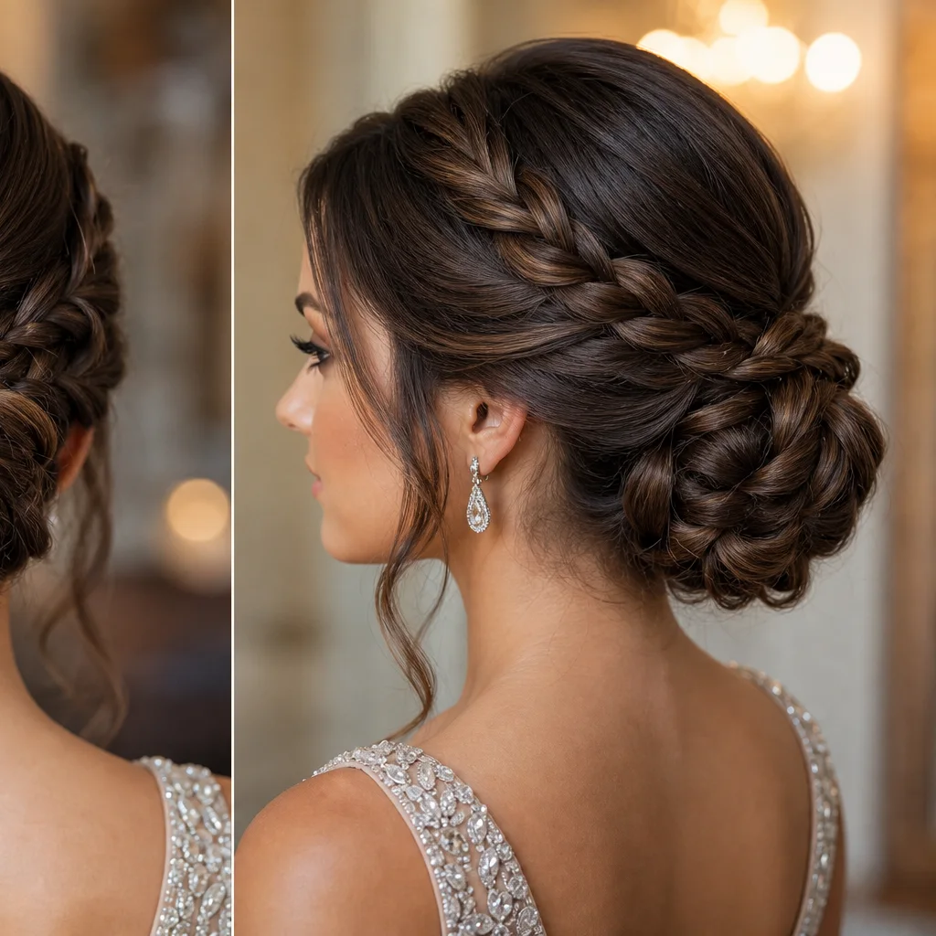 Braided chignon prom updo with woven braid around low bun