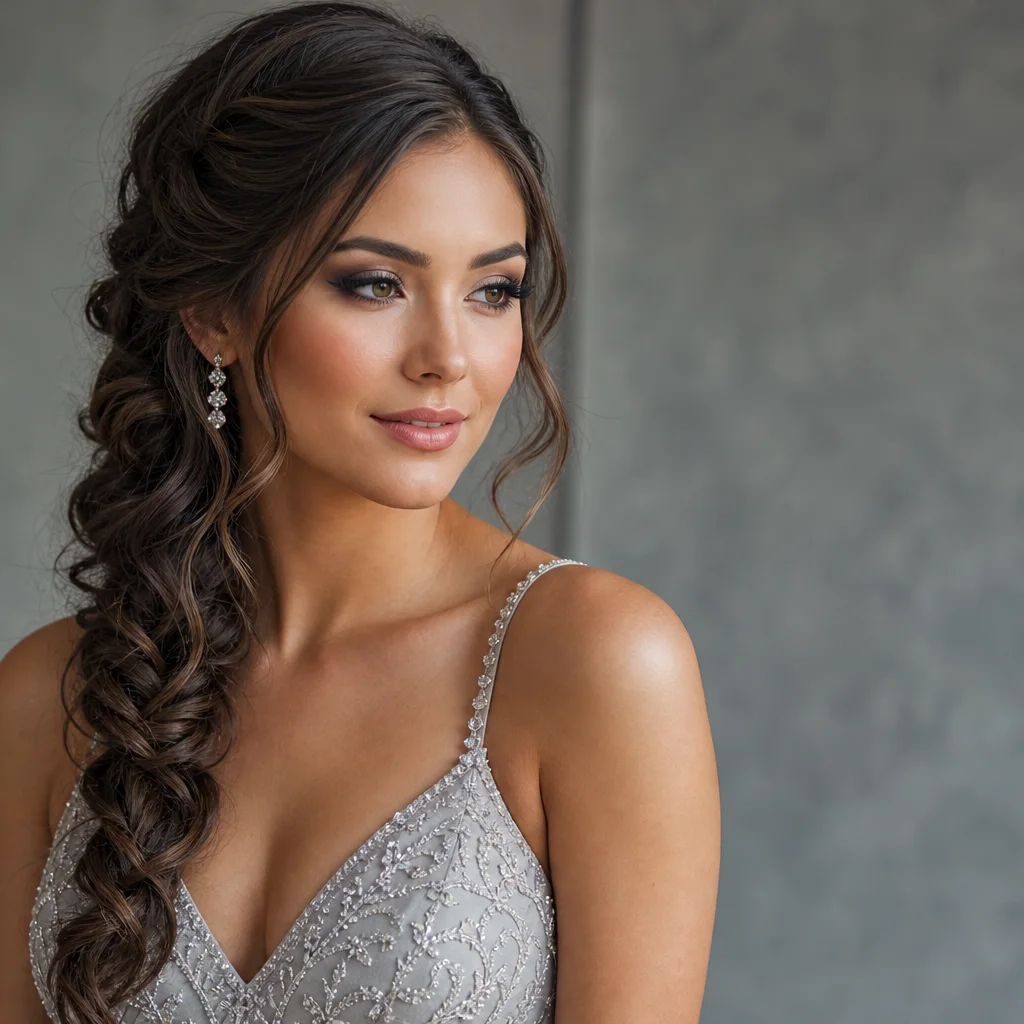 Side braid prom hairstyle swept over shoulder with loose curls